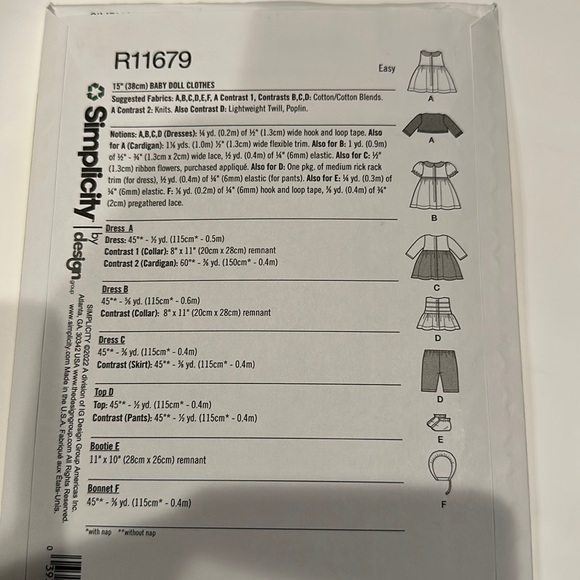 Brand new Simplicity R11679 Patterns Baby Doll clothes - Picture 3 of 3